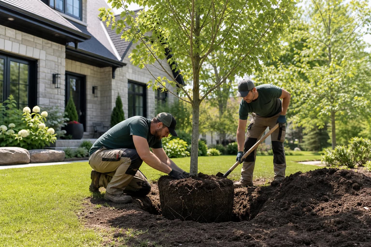 Illustration d’une équipe plantant un jeune arbre dans une cour résidentielle